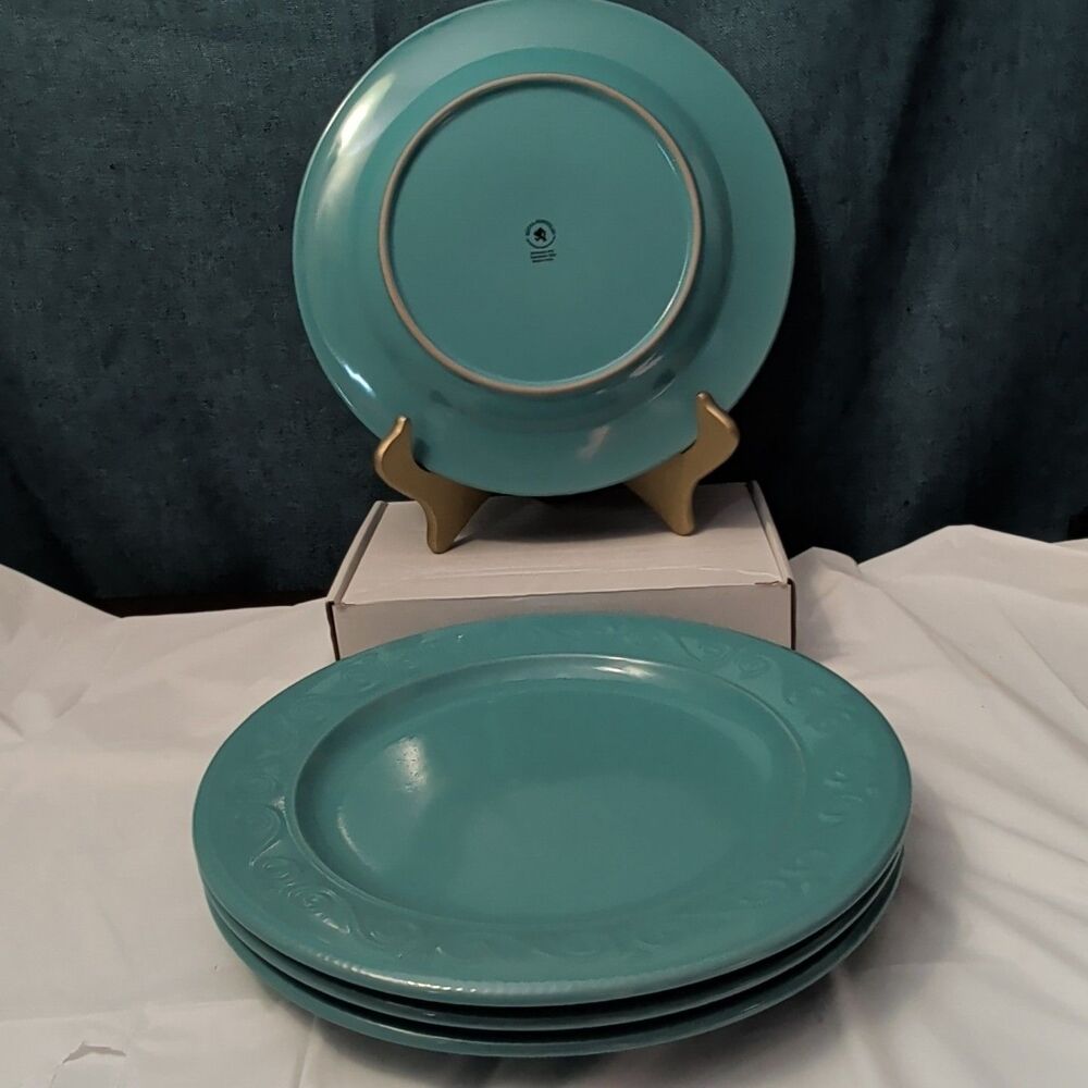 Set of 4 Royal Norfolk Dinner Plates Turquoise Teal Blue Scrolls Rim 10.5" - Picture 5 of 16